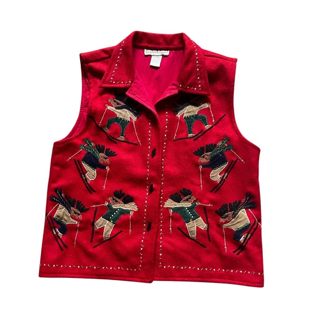 Vintage Womens Red Moose Wool Vest Moose Skiing Size Large Grannycore 90s